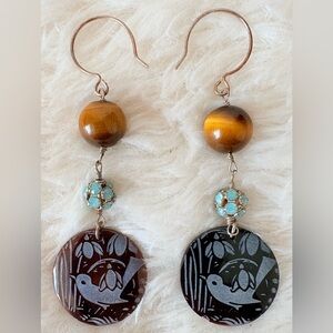 Vintage Handmade Etched Glass Bird Dangle Earrings With Tigers Eye Beads
